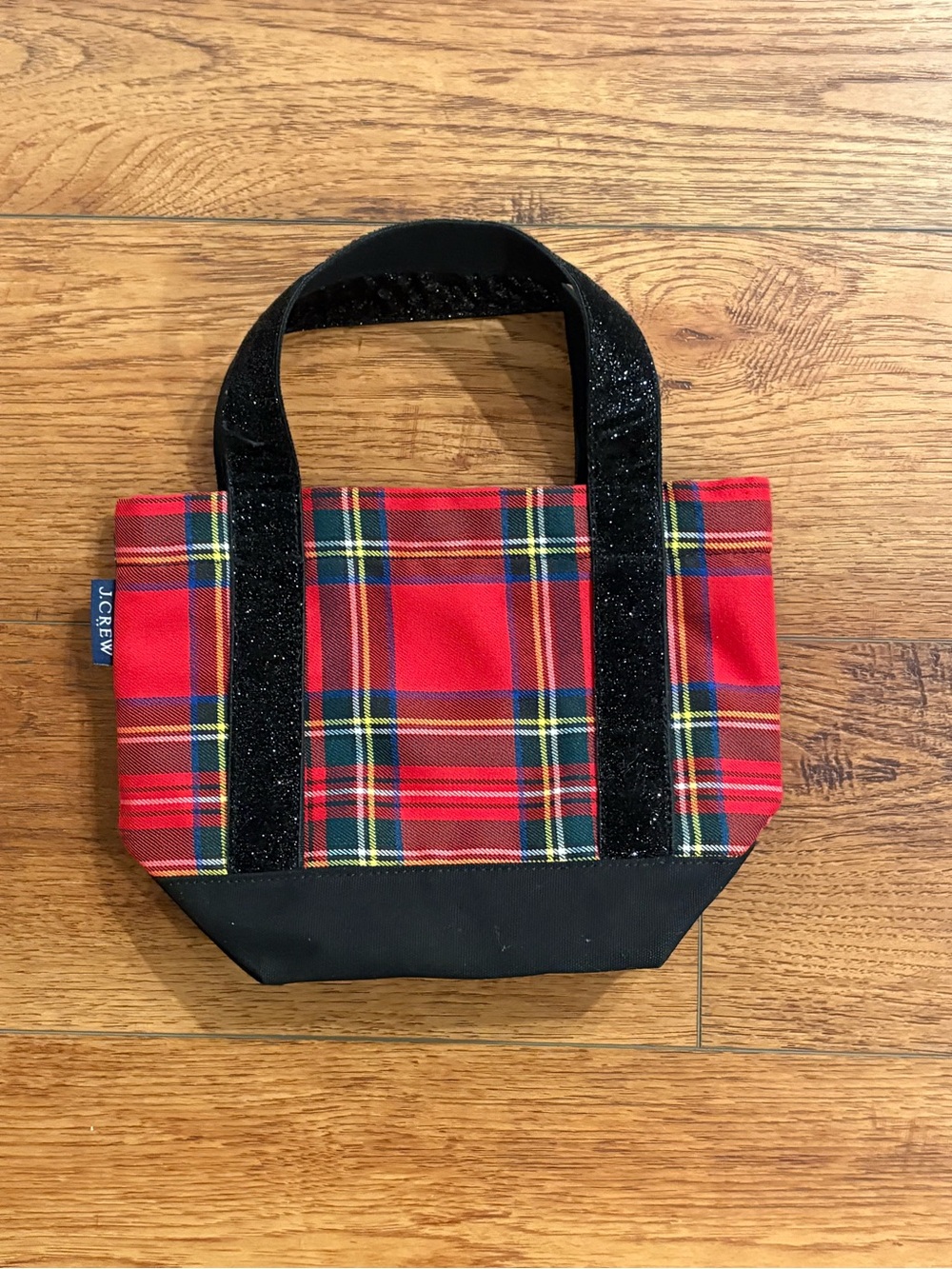 J.Crew Mini Tote Bag 11x8 Red Tartan Plaid Black Shimmer Handles Holiday